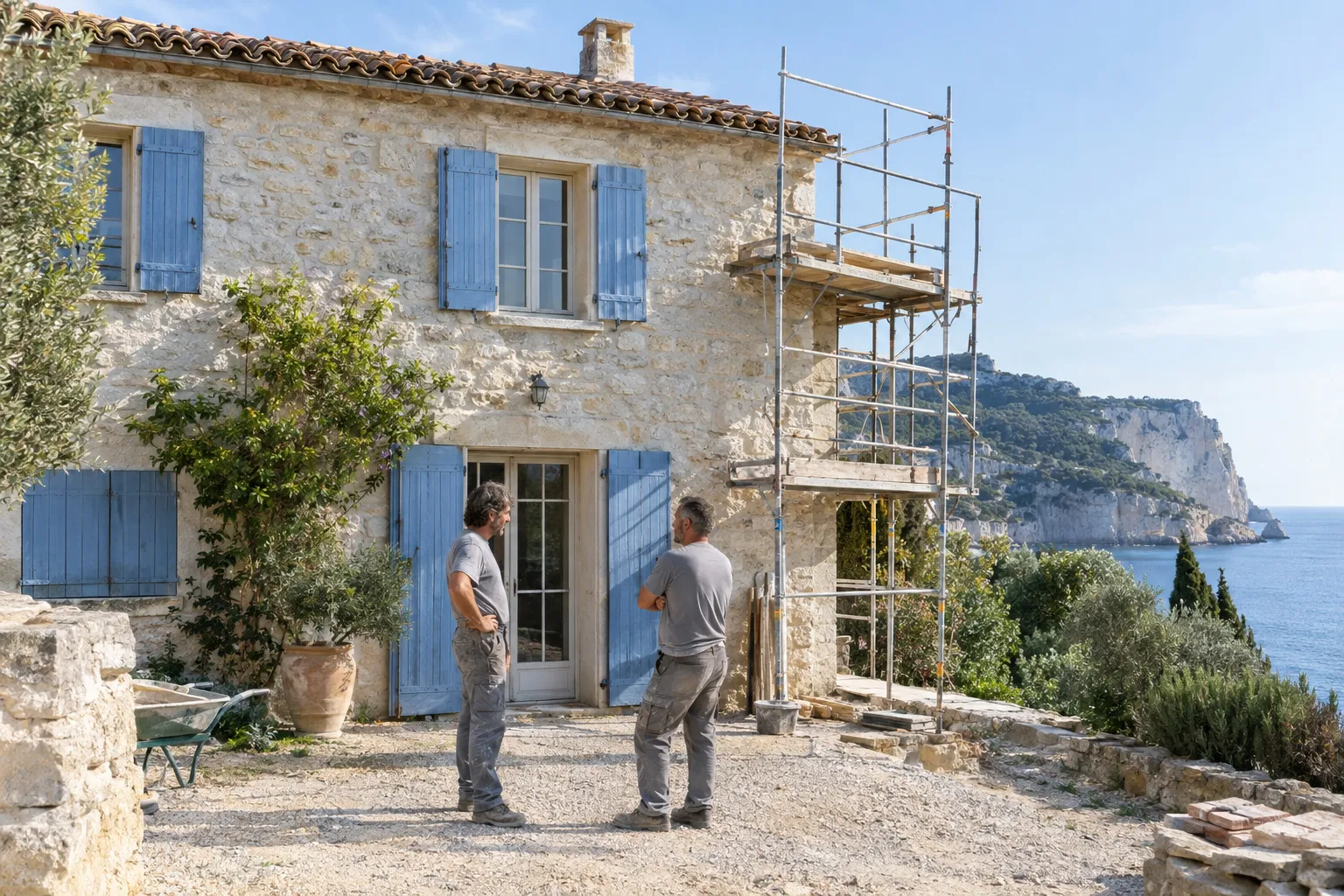 Deux artisans discutent devant une maison en pierre claire aux volets bleus, échafaudage dressé sur le côté, falaises et mer de Cassis en arrière-plan.