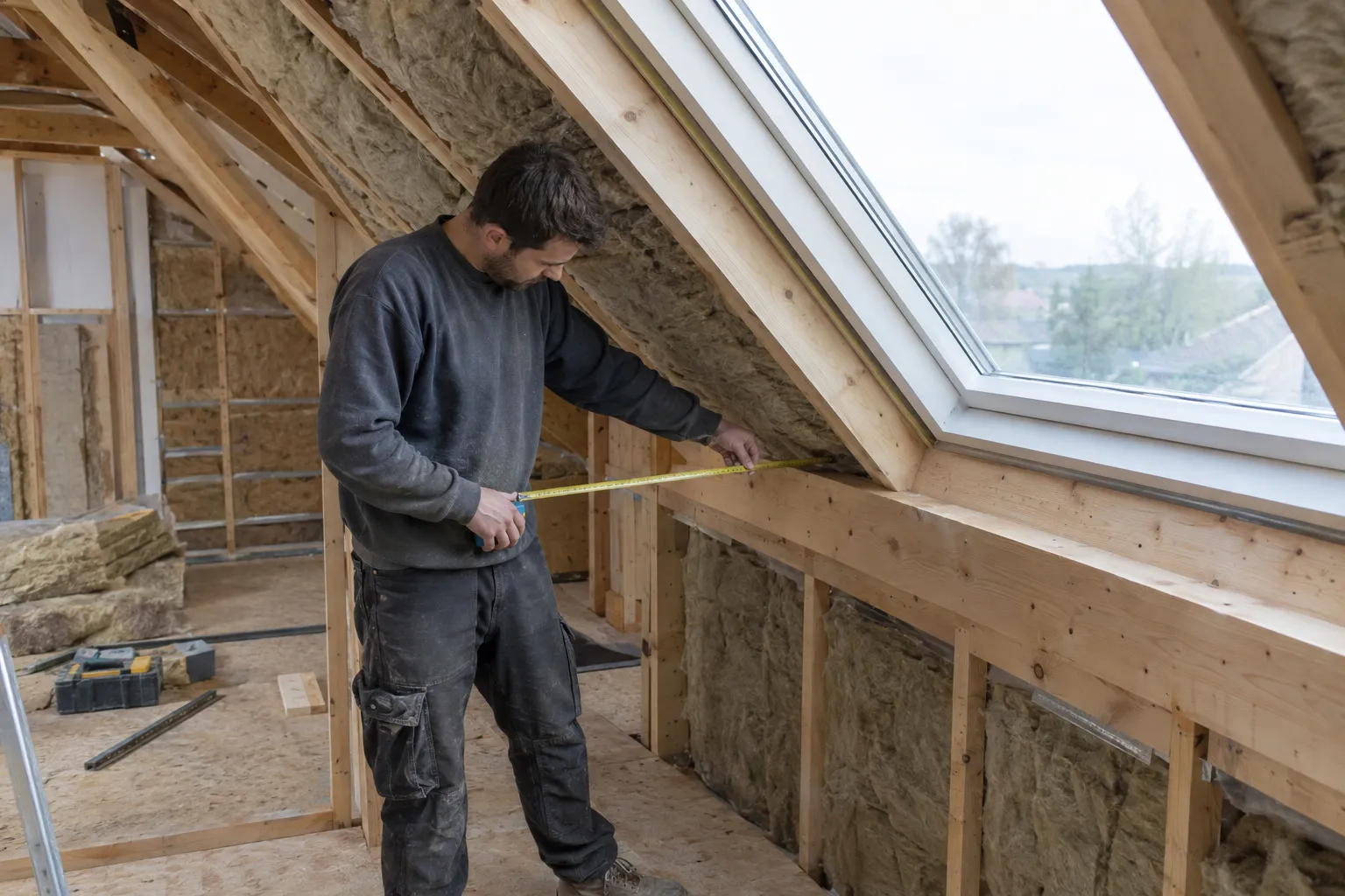 Un artisan mesure avec un mètre ruban le cadre d’une grande fenêtre de toit dans des combles en cours d’aménagement, isolant posé entre les chevrons