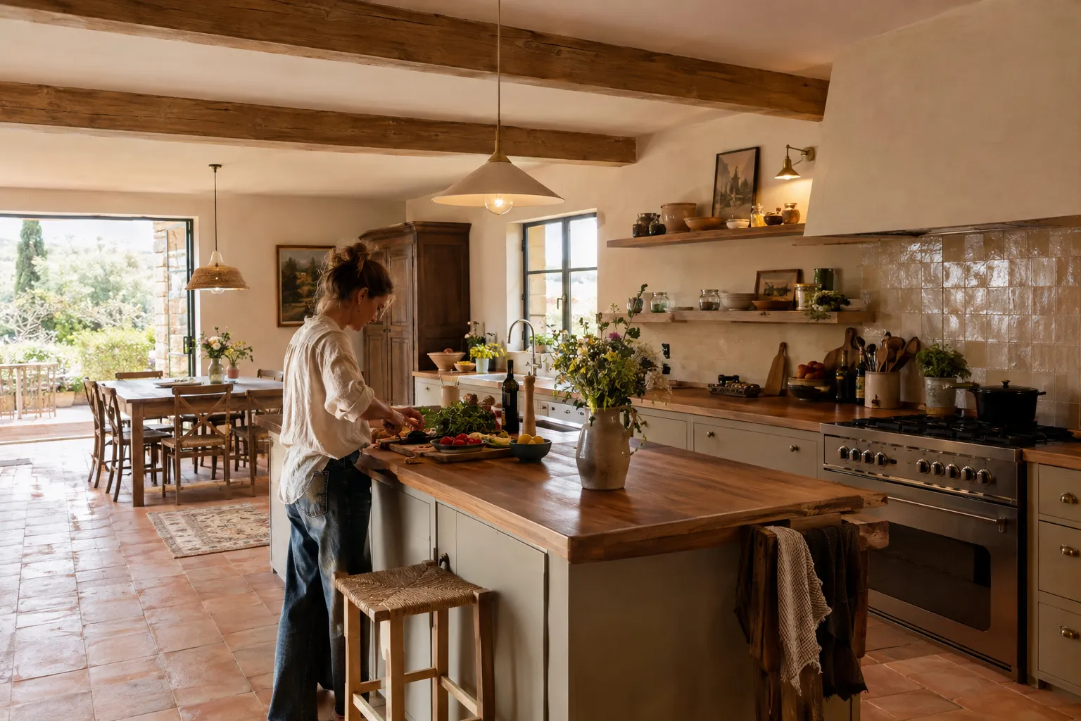 Cuisine ouverte rénovée d’une maison provençale, carrelage terre cuite clair et plan de travail en bois