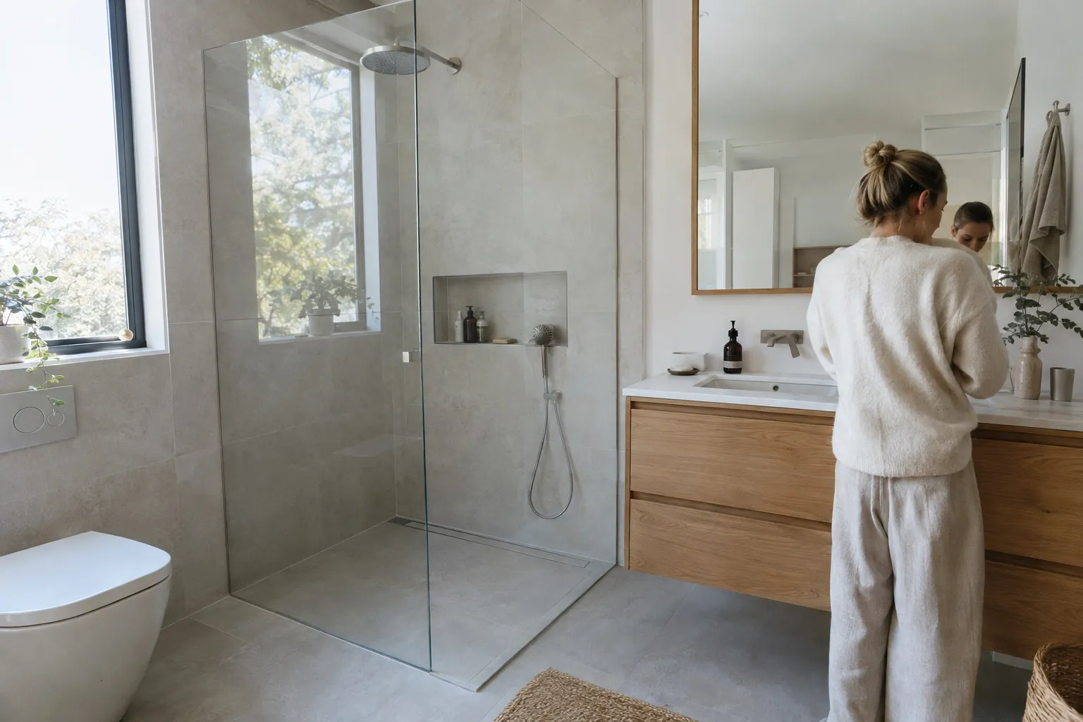 Salle de bain terminée avec douche à l’italienne en carrelage gris clair et meuble vasque en chêne