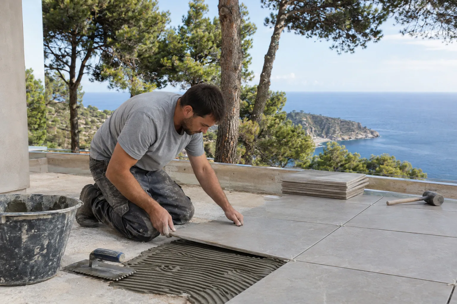 Terrasse carrelée en cours de pose par un carreleur, pins et mer au fond