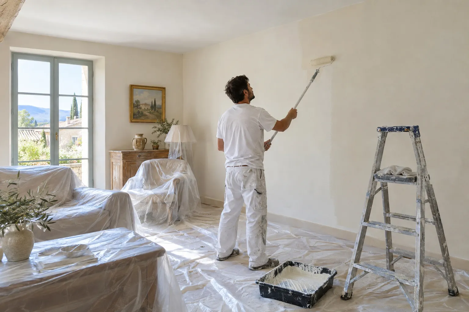 Un peintre en tenue blanche passe un rouleau sur le mur d’un séjour provençal, meubles et sol recouverts de bâches de protection, escabeau et bac à peinture au premier plan