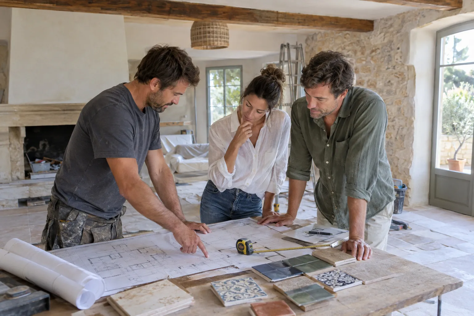 Une table de bois en bord de mer sur laquelle sont posés des échantillons : carreau clair, dalle de pierre beige, zellige vert et lame de bois, avec la mer scintillante au fond.