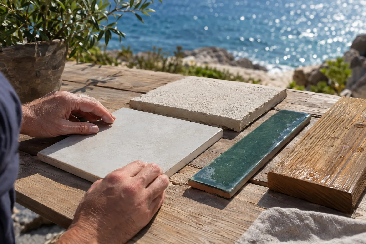 Sur une table en bois face à la mer, deux mains posent des échantillons : carreau blanc, dalle de pierre claire, zellige vert et lame de bois grisé, à côté d’un olivier en pot.