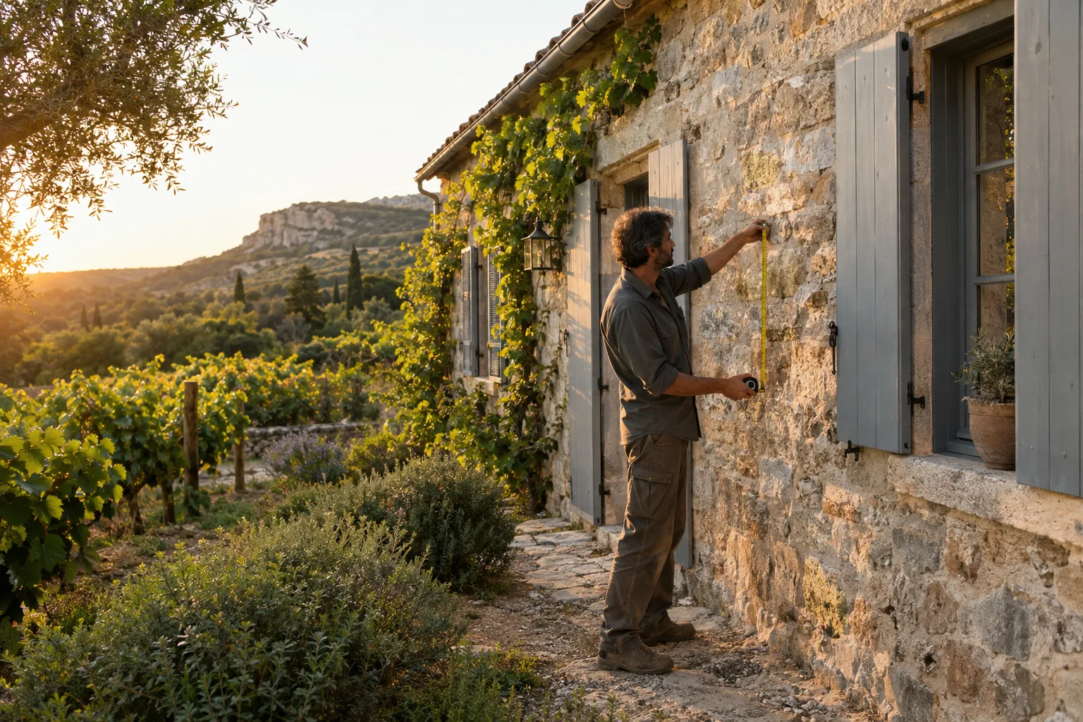 Un artisan prend des mesures au mètre sur le mur de pierre d’une maison ancienne aux volets gris et à la vigne vierge, avec des rangs de vigne et la garrigue au coucher du soleil.