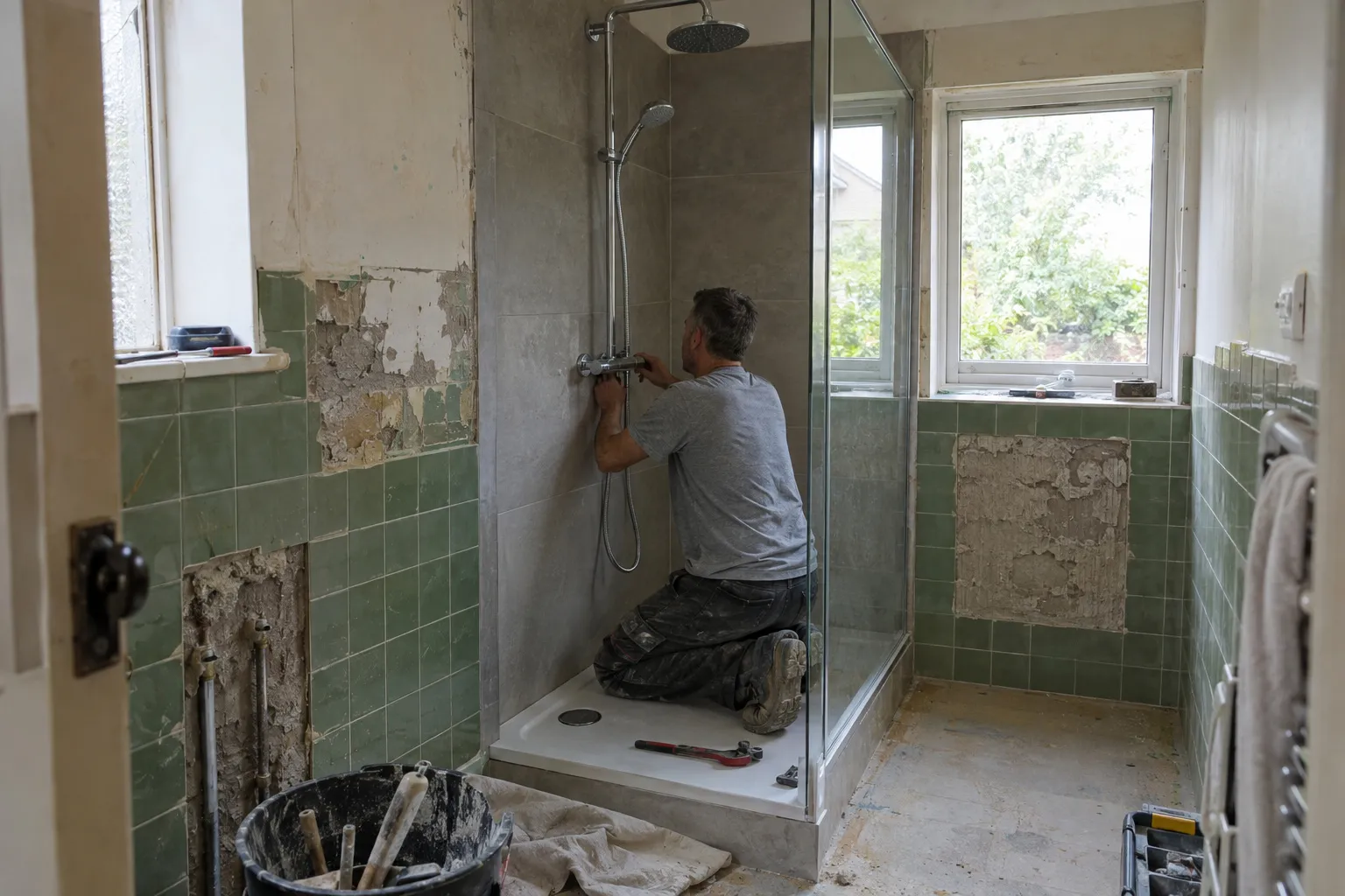 Salle de bain d’une villa ancienne en chantier : faïence verte d’origine en partie déposée, artisan installant une colonne de douche neuve
