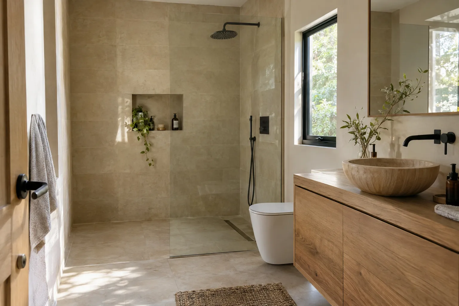 Salle d’eau neuve d’une maison de Cassis : douche à l’italienne carrelée beige, paroi vitrée fixe, vasque posée sur un meuble en chêne