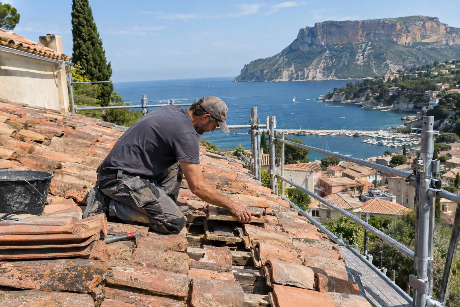 Un couvreur à genoux remplace des tuiles canal sur un toit de Cassis, échafaudage et garde-corps à droite, port et falaise du cap Canaille au fond