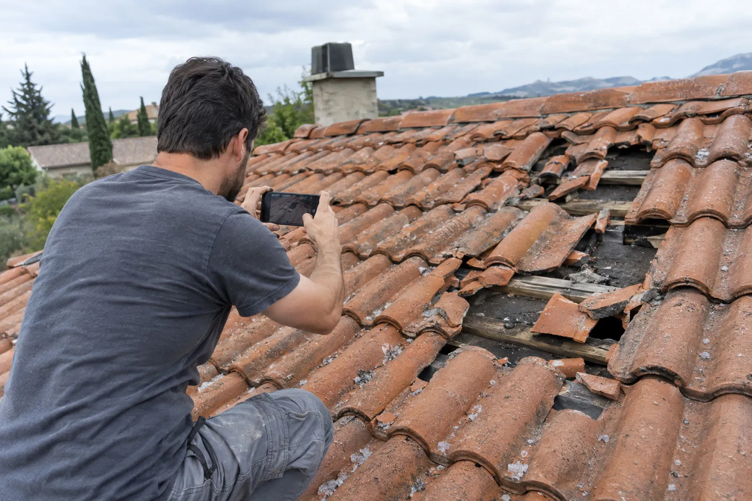 Un artisan accroupi sur un toit de tuiles canal photographie avec son téléphone une zone de tuiles brisées laissant voir les liteaux, grêlons encore posés sur les tuiles